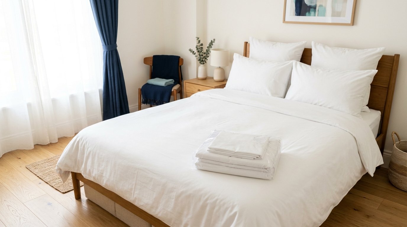 Crisp white hotel-style bedding in a bright short-let bedroom