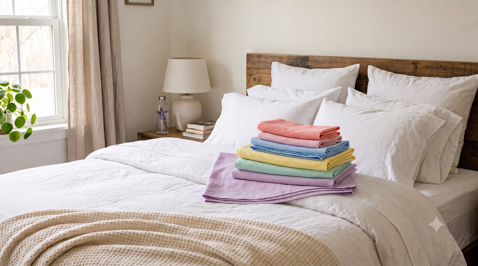 Freshly laundered white bed sheets on a made bed with morning light