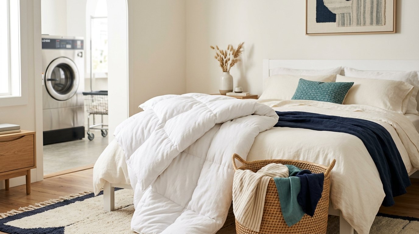 A fluffy white duvet folded on a bed beside a laundry basket