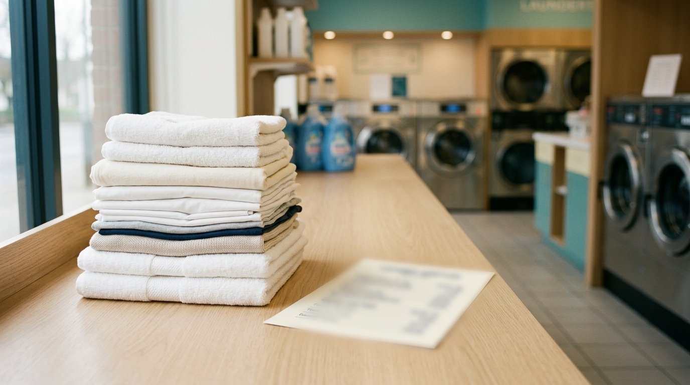 A neatly folded stack of laundry beside a printed price list