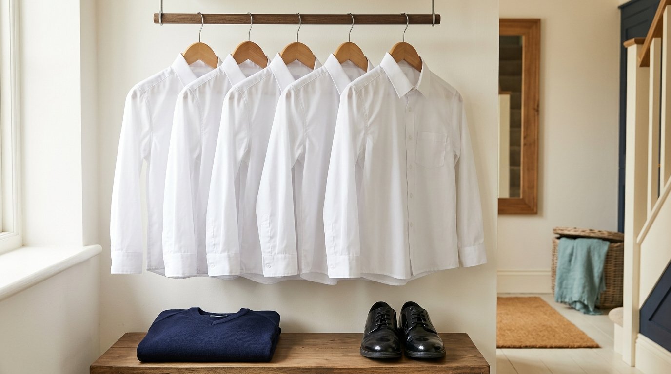 Pressed school shirts on hangers ready for the first day of term