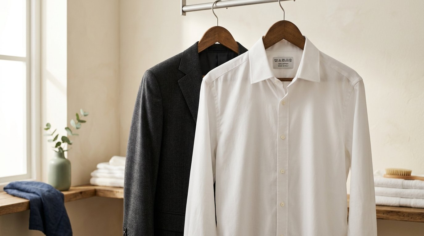 A wool jacket and cotton shirt hung side by side
