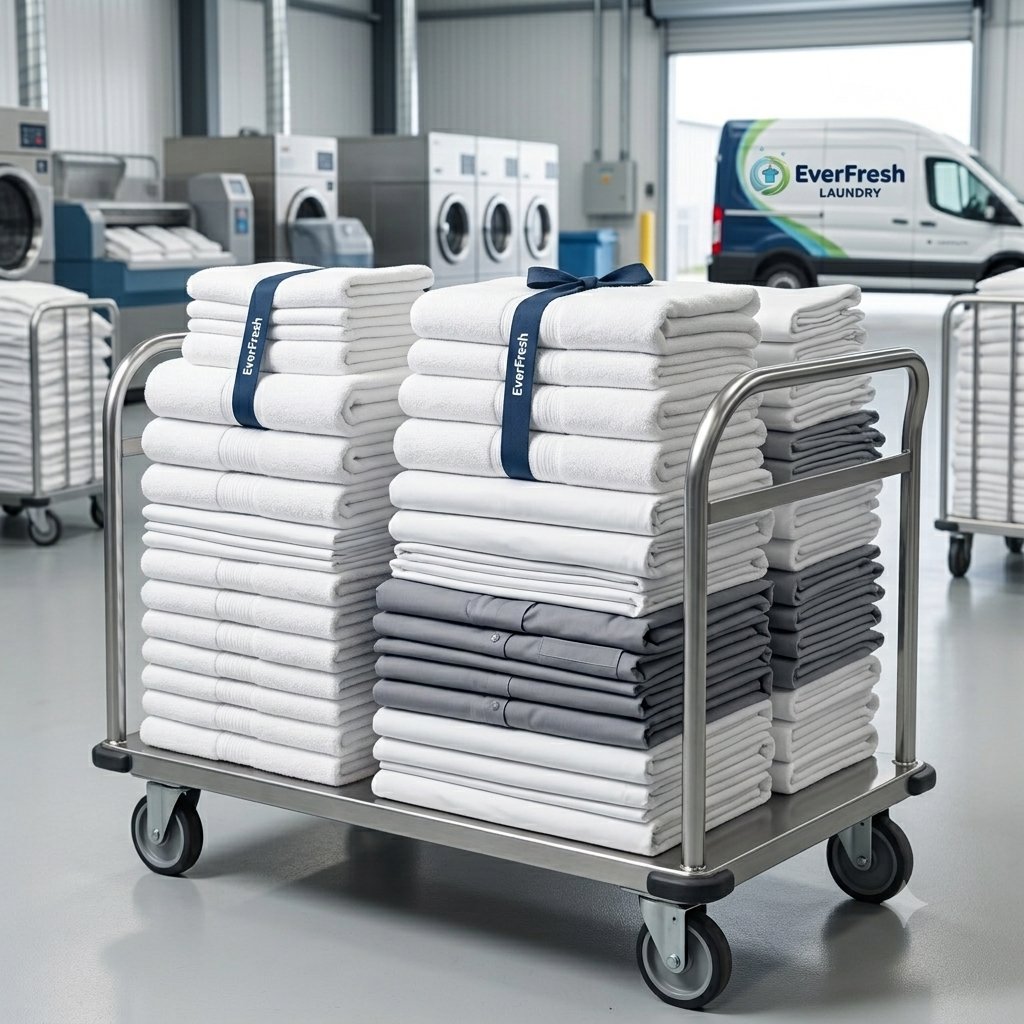 Stacked commercial linens ready for delivery, EverFresh Laundry Chatham