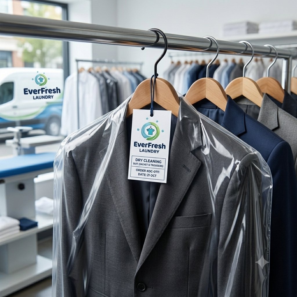 Freshly dry cleaned suit on hanger in protective cover, EverFresh Laundry Chatham