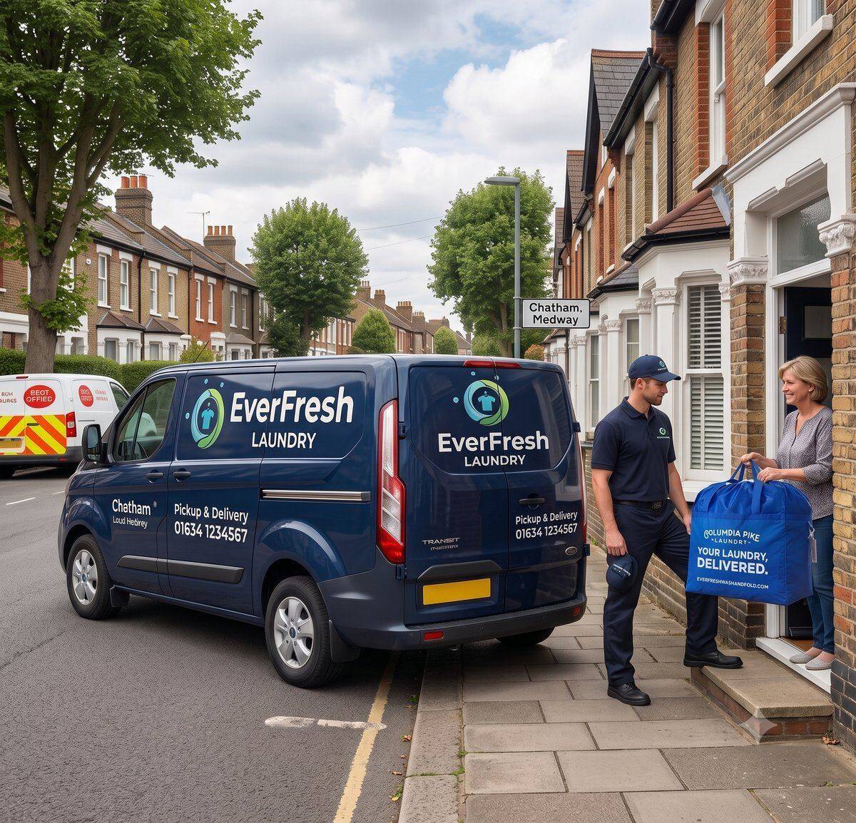 EverFresh Laundry delivery van at customer doorstep in Chatham, Medway